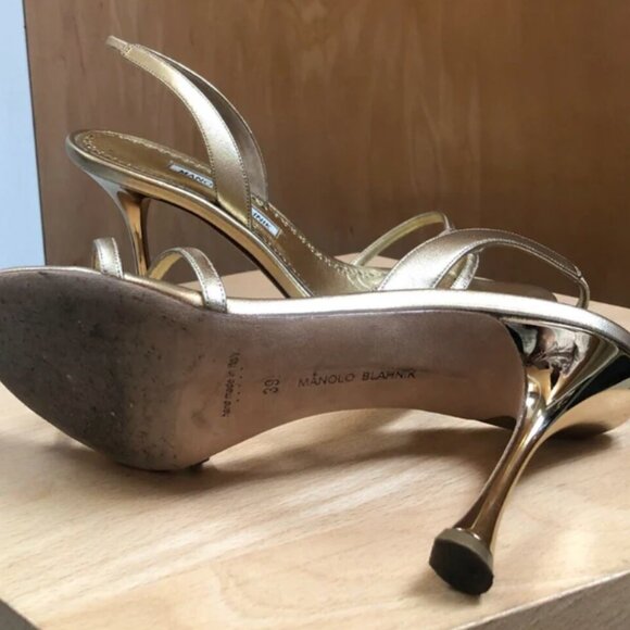 MANOLO BLAHNIK RACITA GOLD METALLIC LEATHER STRAPPY SANDAL HEEL 39/9/8.5 - Picture 5 of 9